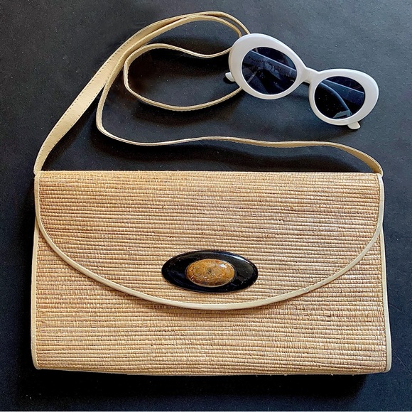 v i n t a g e :: Boho Woven Wicker Stone Purse Crossbody Envelope - Picture 1 of 16